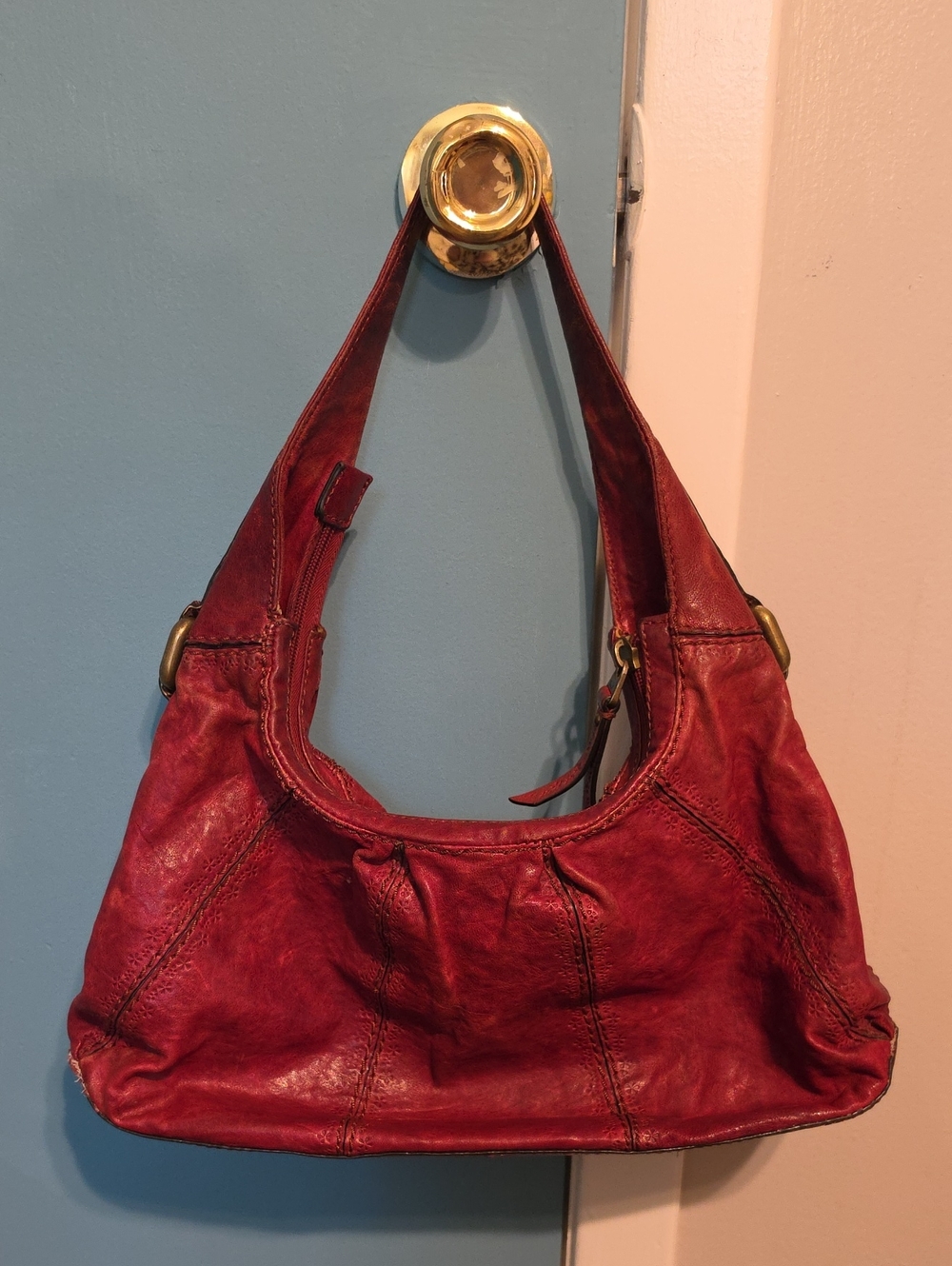 Fossil Red Leather Hobo Style Bag with Brass Accents - Picture 2 of 3
